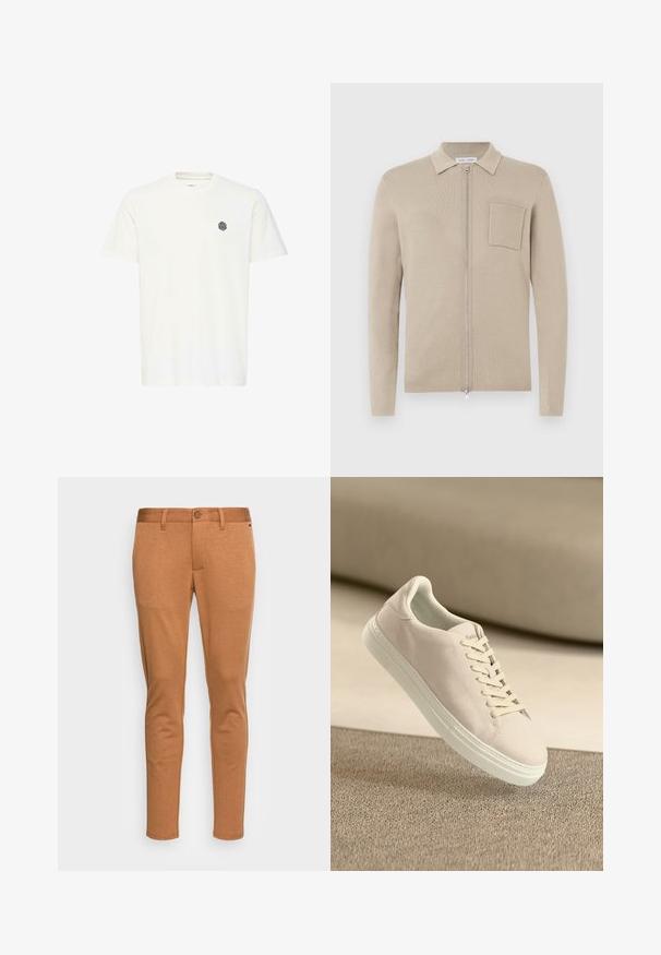 Beige lynlås cardigan med lange ærmer, krave og frontlomme. Lavet af blødt strikmateriale, med en glat tekstur og minimalistisk design.; Hvid kortærmet T-shirt lavet af bomuld, med et lille sort geometrisk logo på venstre bryst. Lige snit og rund halsudskæring.; Only & Sons ONSMARK SLIM GW 0209 PANT NOOS - Chino - monks robe; Beige ruskinds sneakers med hvid sål og snørebånd, vist svævende over tekstureret beige tæppe mod en blød beige baggrund.