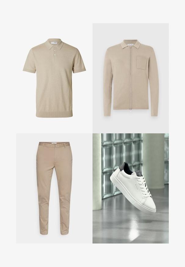 Bežový svetrový kardigán na zips s dlhými rukávmi, golierom a predným vreckom. Vyrobený z mäkkej pleteniny, s hladkým povrchom a minimalistickým dizajnom.; Béžové polo tričko s krátkym rukávom, golierom a tromi gombíkmi, rebrované okraje na rukávoch a spodnom leme, jednofarebná pletená látka.; Béžové bavlnené chinos nohavice s rovnými nohavicami, s gombíkovým zapínaním, pútkami na opasok a bočnými vreckami. Hladká textúra bez vzorov.; Biela kožená teniska s čiernym pätovým dielom a jazykom, šnurovacie prevedenie, branding GANT na boku a jazyku, vystavená v modernom interiéri.