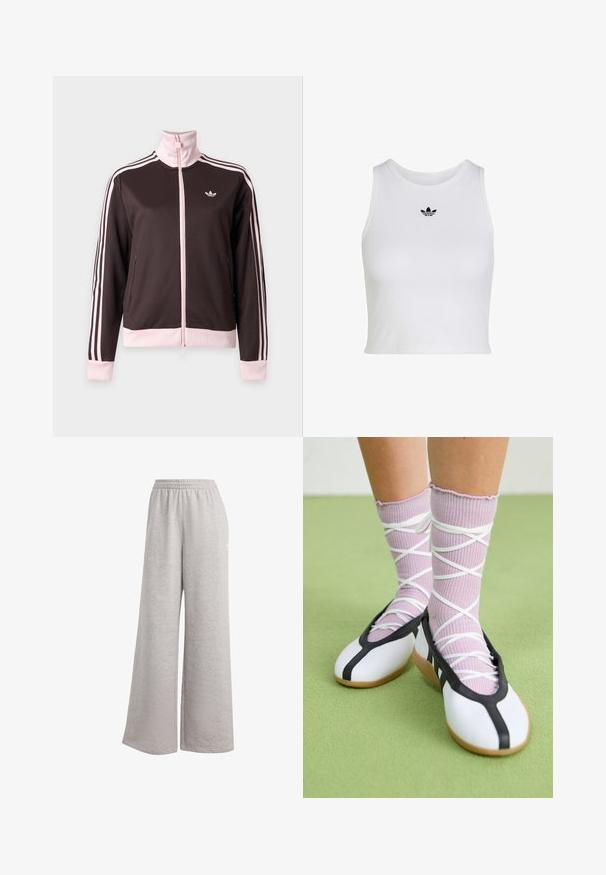 Donkerbruine jas met ritssluiting, lichtroze kraag, manchetten, zoom en drie strepen op de mouwen, met een klein logo op de borst.; Witte mouwloze crop top met ronde hals en klein zwart Adidas trefoil-logo, gecentreerd onder de kraag.; Lichtgrijze sweatpants met een losse pasvorm, elastische tailleband en zachte textuur. Heeft subtiele branding aan één kant. Casual ontwerp.; Benen met geribbelde lavendelkleurige sokken met witte kruisbanden, gecombineerd met witte ballerina's met zwarte bies op een groene vloer.