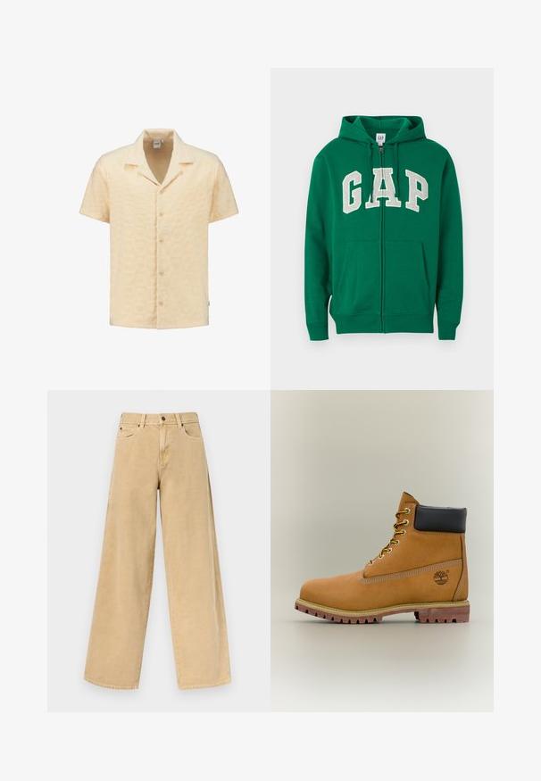 Sudadera con capucha verde con cremallera, hecha de algodón, con capucha ajustable, bolsillos delanteros y la palabra "GAP" en grandes letras blancas en el pecho.; Camisa de manga corta en tela amarilla clara texturizada, con un patrón geométrico, cuello con muesca y cinco botones en la parte delantera.; Vaqueros beige de talle alto y pierna ancha con botón y cremallera frontal, trabillas para cinturón y bolsillos delanteros sobre un fondo liso.; Bota de tobillo de cuero marrón con cuello negro, cordones amarillos y suela beige. Presenta un logotipo y detalles de costura blanca. Suela exterior con tracción robusta.