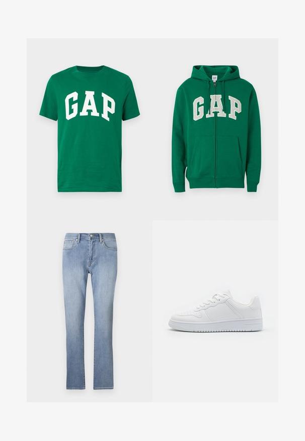 Sweat à capuche vert avec fermeture éclair, en coton, doté d'une capuche à cordon, de poches sur le devant, et portant le logo "GAP" en grandes lettres blanches sur la poitrine.; T-shirt en coton vert avec un col rond ; présente de grandes lettres blanches en bloc formant le mot « GAP » sur le devant.; Jean en denim bleu avec une coupe droite, doté d'une fermeture éclair, de cinq poches et de décolorations sur les cuisses.; Baskets blanches en matière synthétique lisse, avec des lacets plats, une pointe perforée et une semelle en caoutchouc dotée d'un motif de grip texturé.