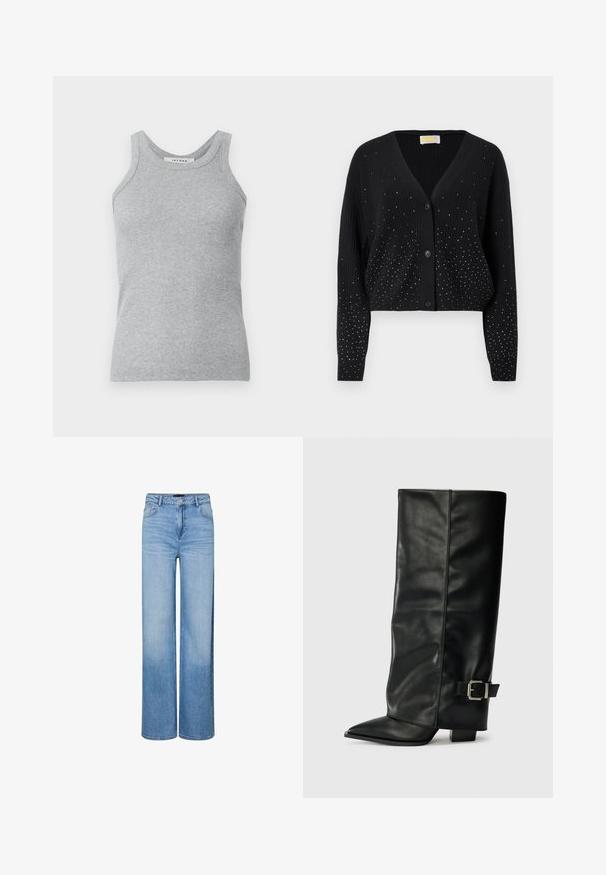 Cárdigan negro con canalé, escote en V, tres botones y pequeños brillantes plateados dispersos en el frente y en las mangas para un efecto de brillo.; Camiseta de tirantes gris con textura acanalada, escote redondo y tirantes anchos. La tela tiene una textura suave y una silueta ajustada.; Vaqueros de pierna ancha y cintura alta en azul claro, con cierre frontal de botones y cremallera, trabillas para cinturón y detalles descoloridos en muslos y rodillas.; Botas de cuero negro hasta el tobillo con punta afilada, textura suave y un detalle de hebilla plateada en el lado. Tacón cuadrado grueso.