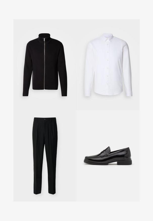 Lindbergh ZIP CARDIGAN - Cardigan - black; Hvid langærmet skjorte med knapper lavet af glat stof, har en klassisk krave, otte knapper ned ad fronten og standardmanchetter.; Sorte, skræddersyede bukser med høj talje, bæltestropper, forreste læg, sidelommer samt knap- og lynlåslukning.; Sorte læder loafers med en rund tå, der har en syet detalje over vristen og en lav blokhæl. Glat tekstur og blank finish.