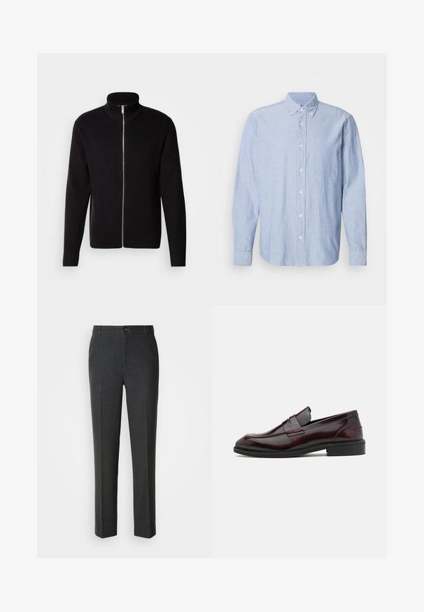 Lindbergh ZIP CARDIGAN - Cardigan - black; Lys blå skjorte med hvide striber, som har en klassisk krave og lange ærmer. Fremstillet af vævet stof med en glat tekstur.; Skræddersyede mørkegrå bukser i et glat stof, med knaplukning, to forlommer og et lige ben-design.; Bordeaux læder loafers med en glat finish, rektangulær frontdetalje og en afrundet tå, med en sort gummisål.