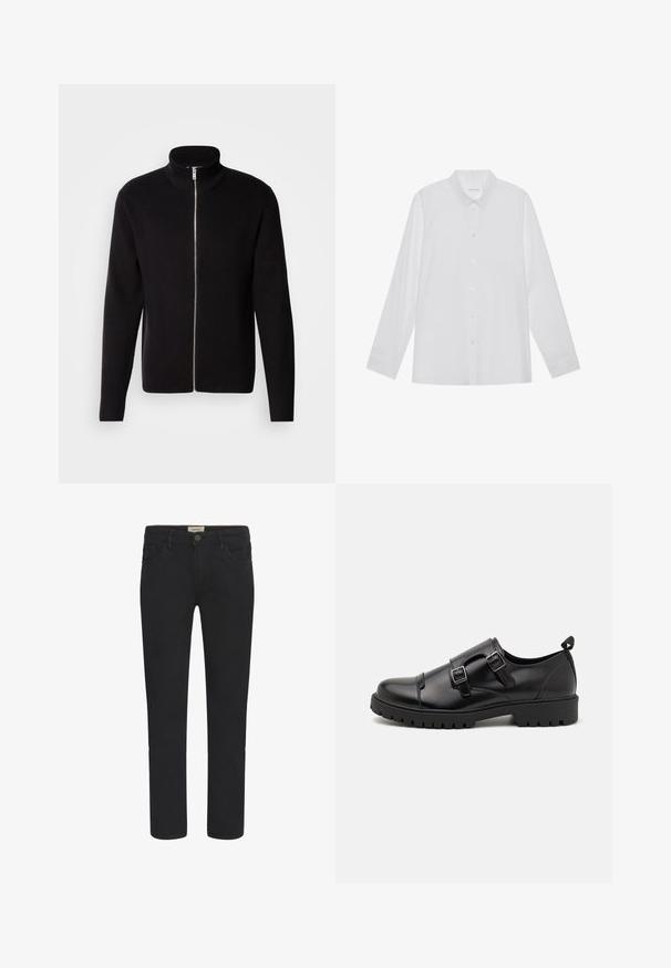 Lindbergh ZIP CARDIGAN - Chaqueta de punto - black; Camisa blanca de manga larga hecha de tela suave, con cuello puntiagudo, cierre frontal de botones y puños de un solo botón.; Vaqueros de mezclilla negra con corte recto, diseño de cinco bolsillos y cierre frontal de botón. Textura suave con sutiles detalles de costura.; Pier One by Zalando Mocasines elegantes - black