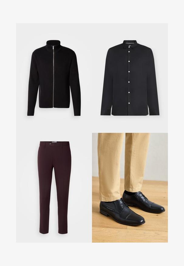 Lindbergh ZIP CARDIGAN - Vest - black; Zwarte lange mouwen blouse met witte knopen en een klein geborduurd logo op de linkerborst, weergegeven op een witte achtergrond.; Donker bordeauxrode broek met een slim fit, voorzien van een knoopsluiting, riemlussen en voorplooien. Glad fabric met een strak ontwerp.; Zwarte leren dresschoenen met een gladde afwerking, voorzien van een ronde neus, vetersluiting en subtiele branding aan de zijkant, gecombineerd met kaki broek.