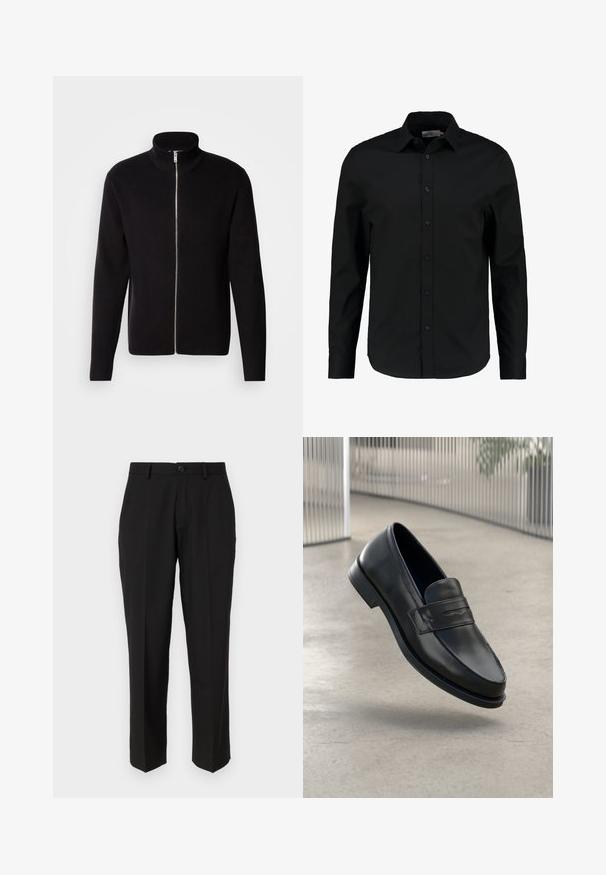Lindbergh ZIP CARDIGAN - Vest - black; Zwarte lange mouw shirt gemaakt van een gladde stof, heeft een knoopsluiting aan de voorkant, een spitse kraag en een getailleerde pasvorm met een gebogen zoom.; Zwarte broeken van soepele stof, met een rechte pijpconstructie, vo pockets, een enkele knoopsluiting en geen zichtbare patronen.; Zwarte leren loafer met een gladde textuur, spitse neus en een decoratieve band over de wreef. Lichtgewicht zool, minimalistisch ontwerp.