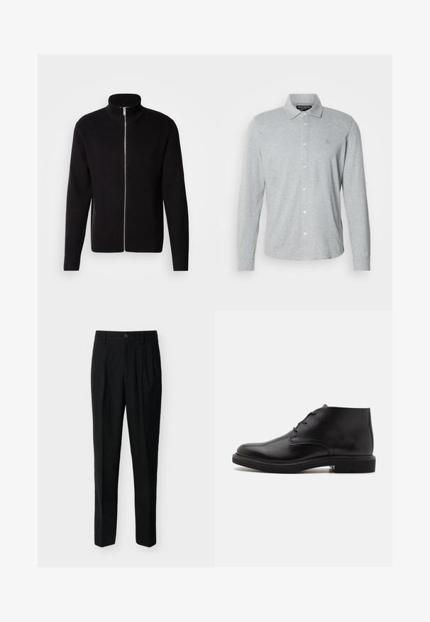 Lindbergh ZIP CARDIGAN - Cardigan - black; Langærmet grå poloshirt lavet af blød bomuld, med knaplukning foran, spidst krave og diskret logo på brystet.; Sorte, skræddersyede bukser med høj talje, bæltestropper, forreste læg, sidelommer samt knap- og lynlåslukning.; Sort læderankelstøvle med tre snørehuller, rundet tå og flad sål på en ensfarvet lys baggrund.