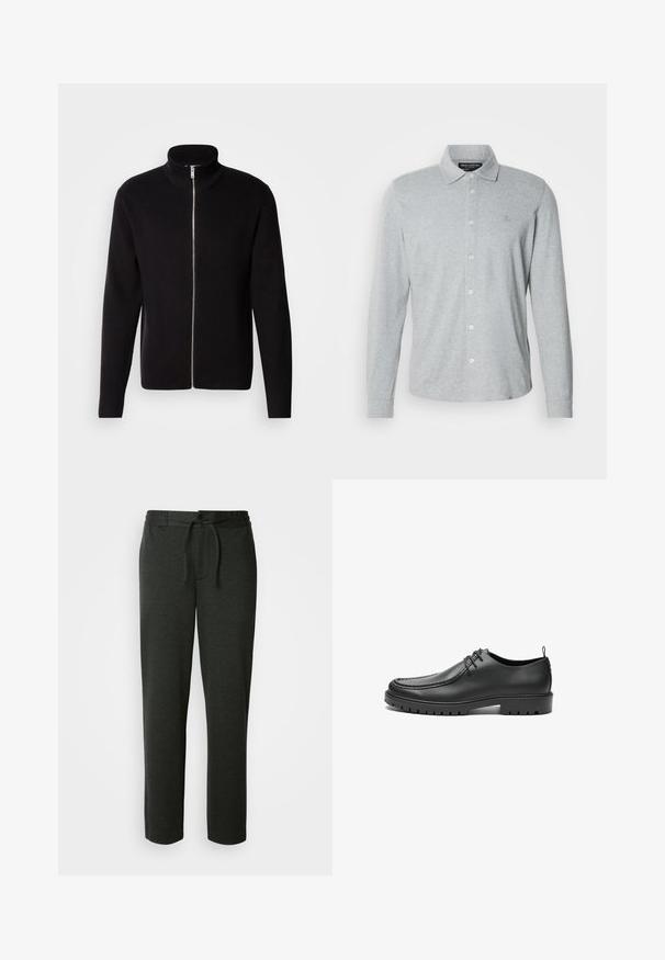 Lindbergh ZIP CARDIGAN - Cardigan - black; Langærmet grå poloshirt lavet af blød bomuld, med knaplukning foran, spidst krave og diskret logo på brystet.; Mørkegrå sweatpants lavet af en blød bomuldsblanding. Har elastisk talje med snor og sidelommer. Lige ben-design.; Sorte lædersko med en glat overflade, rund tå og dekorativ stikning. Har en gummisål med skridsikre spor og snørebåndsdesign.