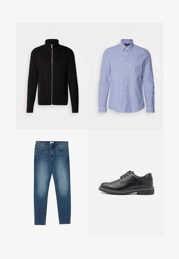 Lindbergh ZIP CARDIGAN - Chaqueta de punto - black; Camisa de botones de manga larga a rayas azul y blanca, hecha de algodón tejido, con un cuello clásico y un dobladillo redondeado. Presenta botones perlados.; Vaqueros de mezclilla en azul medio con un lavado descolorido, diseño de cinco bolsillos, corte recto y acentos cosidos. Cierre con botón y cremallera.; Zapato de piel negra con cordones y acabado suave, punta redonda y tacón texturizado. Presenta ojales azules en contraste y costuras decorativas.