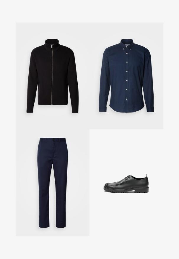 Lindbergh ZIP CARDIGAN - Chaqueta de punto - black; Camisa de manga larga azul marino con cuello abotonado, botones en el frente y dobladillo redondeado. Fabricada con una tela de algodón suave.; Pantalones azul marino de mezcla de algodón. Presenta una pierna recta, una cinturilla con pasadores para cinturón y un cierre frontal con botón.; Zapatos de cuero negro con un acabado suave, punta redondeada y costuras decorativas. Cuenta con una suela de goma con surcos para tracción y un diseño de cordones.
