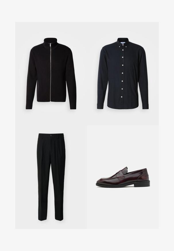 Lindbergh ZIP CARDIGAN - Cardigan - black; Mørk marineblå langærmet skjorte med knapkrave, frontknaplukning og lysfarvede knapper. Glat stof med en moderne pasform.; Sorte, skræddersyede bukser med høj talje, bæltestropper, forreste læg, sidelommer samt knap- og lynlåslukning.; Bordeaux læder loafers med en glat finish, rektangulær frontdetalje og en afrundet tå, med en sort gummisål.