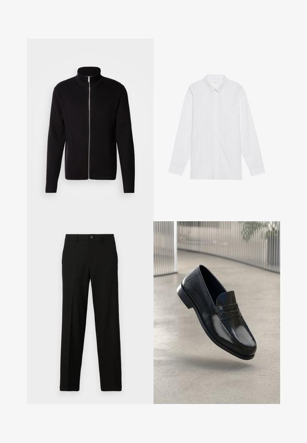 Lindbergh ZIP CARDIGAN - Kardigán - black; Biela košeľa s krátkym zapínaním a tenkými čiernymi vertikálnymi pruhmi, ktorá má klasický golier a dlhé rukávy s gombíkovými manžetami.; Čierne nohavice z hladkého materiálu, so strihom do rovna, zapínaním na gombík v páse a bez viditeľných vzorov či akcentov.; Čierne kožené mokasíny s hladkým povrchom, zaoblenou špičkou, dekoratívnym prešitím a mierne zvýšenou podrážkou.
