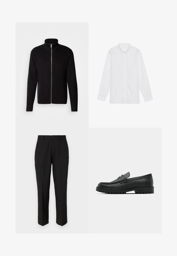 Lindbergh ZIP CARDIGAN - Chaqueta de punto - black; Camisa blanca de botones con finas rayas verticales negras, que presenta un cuello clásico y mangas largas con puños abotonados.; Pantalones negros de tela suave, con un diseño de pierna recta, bolsillos delanteros, un cierre de botón y sin patrones visibles.; Mocasines de cuero negro con punta redonda, que cuentan con un diseño cosido, suela de plataforma baja y una suela de goma texturada y con tacos.