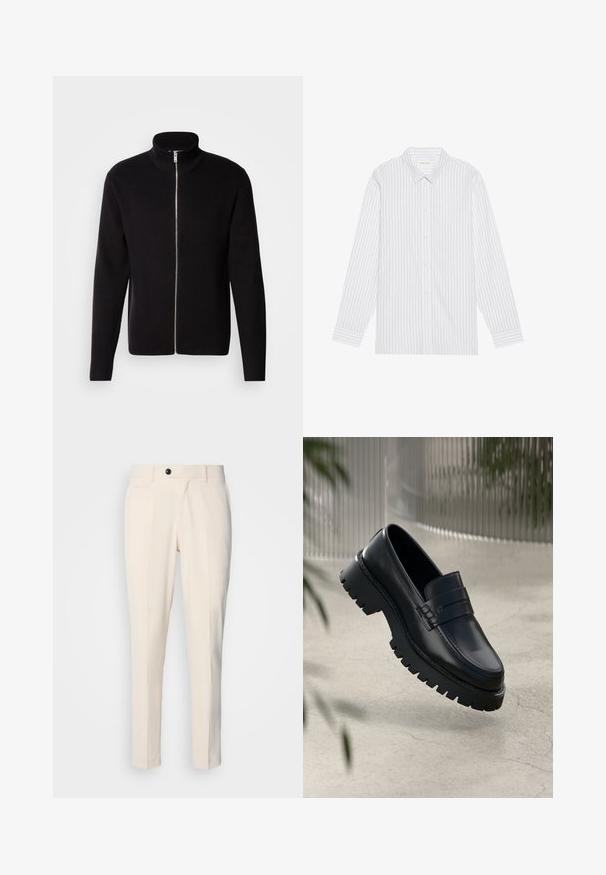 Lindbergh ZIP CARDIGAN - Strickjacke - black; Weißes Hemd mit dünnen schwarzen vertikalen Streifen, mit klassischem Kragen und langen Ärmeln mit geknöpften Manschetten.; Beige maßgeschneiderte Hosen mit flacher Vorderseite, Ein-Knopf-Verschluss und zwei schrägen Seitentaschen. Glattes Material mit schmaler Passform und spitz zulaufendem Bein.; Schwarze Lederloafer mit einer robusten profilierten Sohle, ausgestattet mit einem dekorativen Riemen und einer Stichdetail. Glatte Textur mit einem polierten Finish.