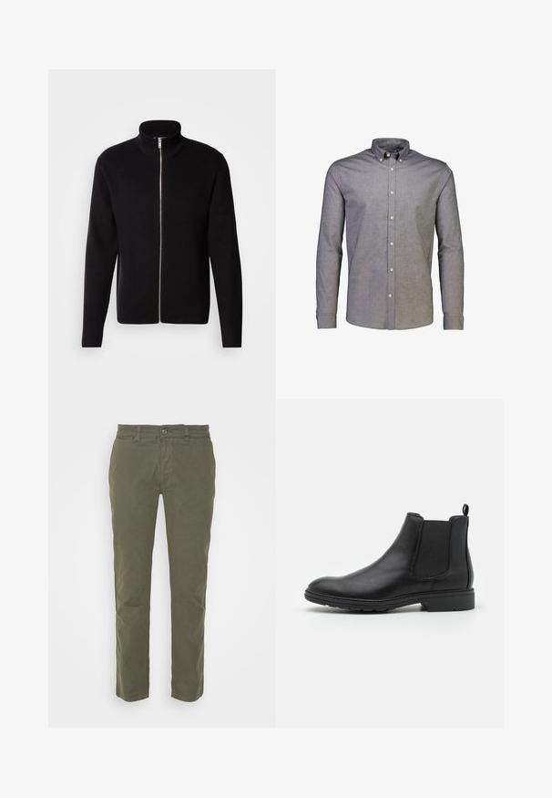 Lindbergh ZIP CARDIGAN - Vest - black; Lindbergh SUPERFLEX - Overhemd - dust grey mix; Olijfgroene chino's gemaakt van een katoenmix, met een rechte snit, een knoopsluiting aan de voorkant en zijzakken. Gladde textuur, minimale details.; Zwarte leren Chelsea-boot met elastische zijpanelen en een trekhaak, met een ronde neus en een gestructureerde rubberen zool.