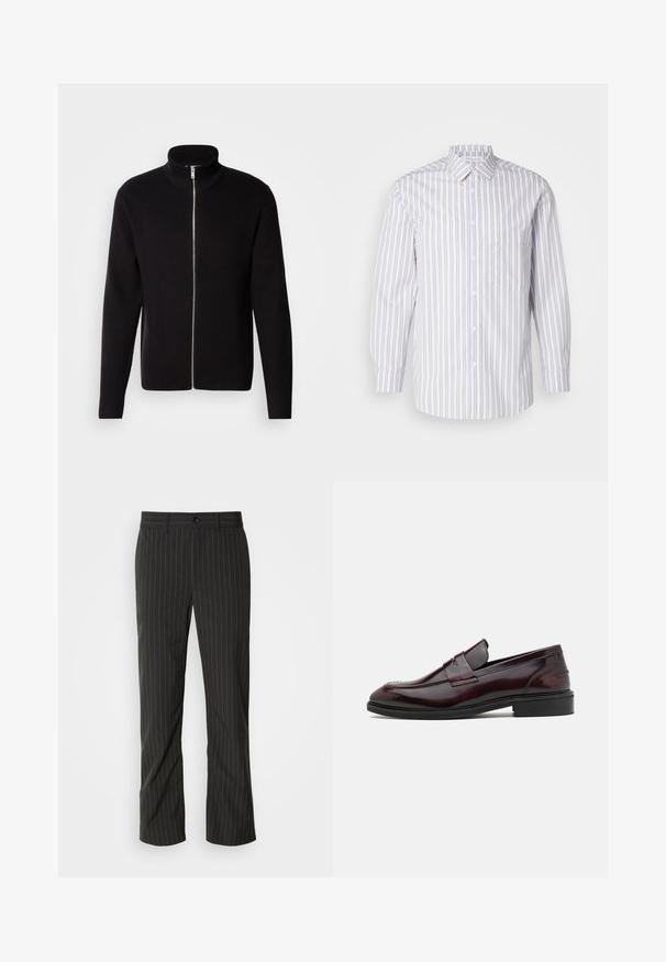 Lindbergh ZIP CARDIGAN - Cardigan - black; Stribet skjorte med knapper, der har lodrette grå og hvide striber, lange ærmer, en krave og en brystlomme. Glat stoftekstur.; Sorte skræddersyede bukser med lige snit. Har en glat tekstur, frontlukning med knap og bæltestropper.; Bordeaux læder loafers med en glat finish, rektangulær frontdetalje og en afrundet tå, med en sort gummisål.