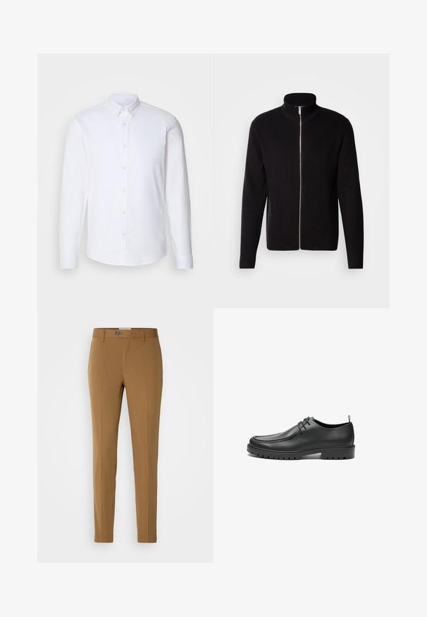 Lindbergh ZIP CARDIGAN - Vest - black; Witte langharige overhemd met knopen gemaakt van een gladde stof, met een klassieke kraag, acht knopen aan de voorkant en standaard manchetten.; Bruine op maat gemaakte broek met een rechte pasvorm, voorzien van een ritssluiting aan de voorkant, knoopsluiting en twee zijzakken voor functionaliteit.; Zwarte lederen schoenen met een gladde afwerking, ronde neus en decoratieve stiksels. Beschikt over een rubberen zool met tractiegrepen en een vetersluiting.