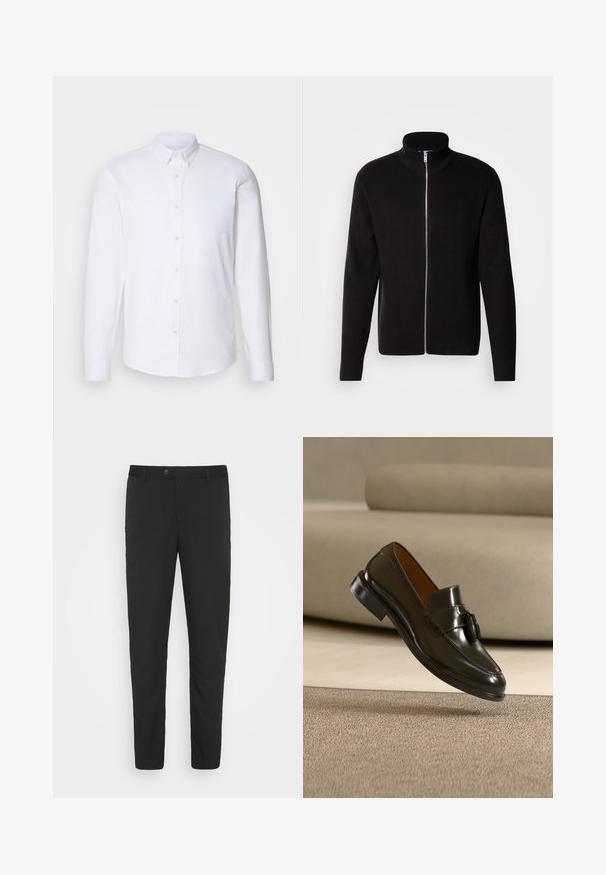 Lindbergh ZIP CARDIGAN - Vest - black; Witte langharige overhemd met knopen gemaakt van een gladde stof, met een klassieke kraag, acht knopen aan de voorkant en standaard manchetten.; Zwarte, op maat gemaakte pantalons met een recht model, voorzakken en een knoopsluiting. Gemaakt van gladde stof met een lichte glans.; Zwarte leren loafer met kwastje zwevend boven een beige tapijt met een beige bank op de achtergrond.