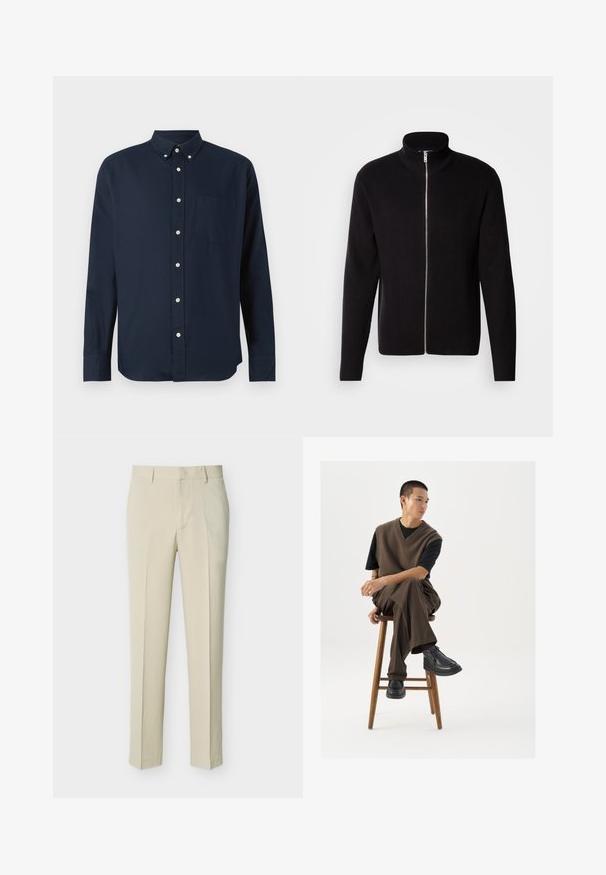 Lindbergh ZIP CARDIGAN - Kardigán - black; Námornícky modrá košeľa s dlhým rukávom, golierom, predným gombíkovým zapínaním a náprsníkovou vreckom. Vyrobená z hladkej tkaniny.; Béžové prispôsobené nohavice s rovnými nohavicami, opaskovými očkami a predným zipsom, vystavené na jednofarebnom svetlom pozadí.; Hnedý pletený sveter cez čierne tričko, v kombinácii s hnedými širokými nohavicami a čiernymi robustnými topánkami, sediaci na drevenom stoličke.