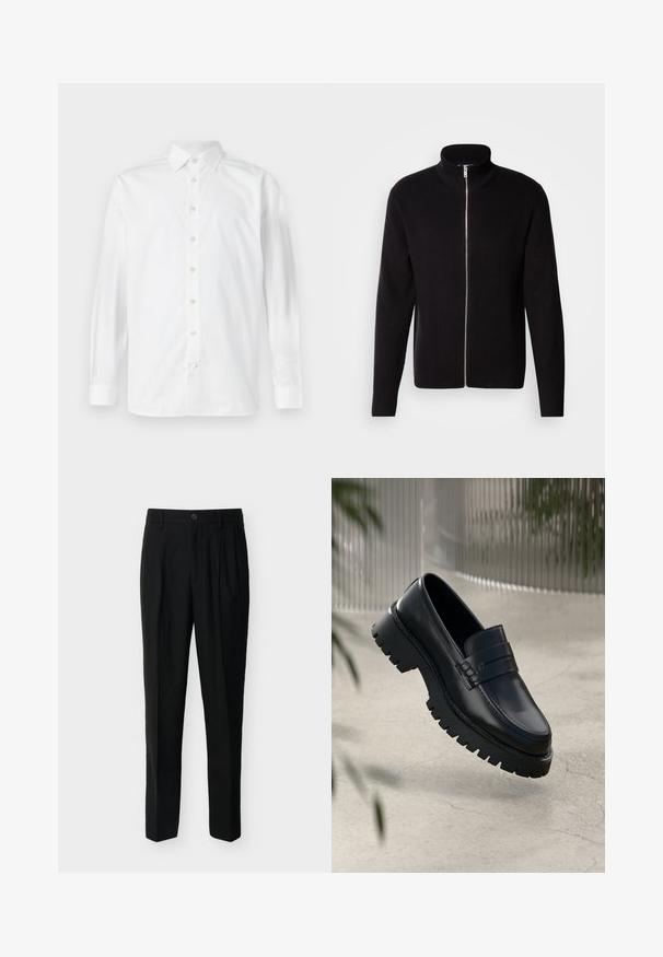 Lindbergh ZIP CARDIGAN - Strickjacke - black; Weißes langärmeliges Hemd mit Knopfleiste, verbreitetem Kragen und geknöpften Manschetten, auf weißem Hintergrund dargestellt.; Schwarze, hoch taillierte, maßgeschneiderte Hose mit Gürtelschlaufen, vorderen Falten, Seitentaschen sowie Knopf- und Reißverschluss.; Schwarze Lederloafer mit einer robusten profilierten Sohle, ausgestattet mit einem dekorativen Riemen und einer Stichdetail. Glatte Textur mit einem polierten Finish.