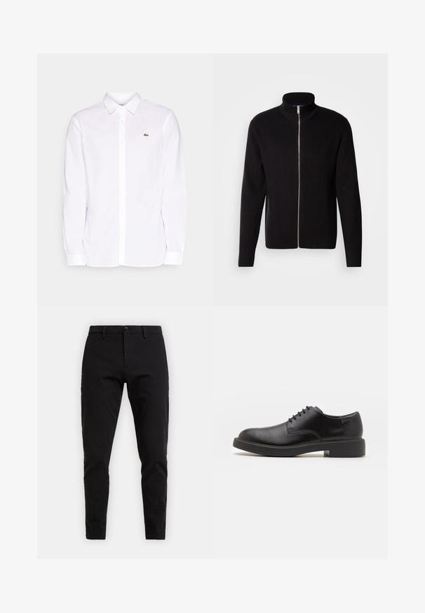 Lindbergh ZIP CARDIGAN - Strickjacke - black; Weißes Langarmhemd aus Baumwolle mit Button-Down-Kragen, einem grünen gestickten Logo auf der linken Brust und geraden Manschetten.; Schwarze Baumwollhose mit slim fit. Verfügt über einen Knopfverschluss, Gürtelschlaufen und Seitentaschen. Glatte Textur ohne sichtbare Muster.; Schwarzer Leder-Schnürschuh mit abgerundetem Zeh, glatter Textur, minimaler Naht und niedrigem Gummiabsatz. Logo auf der Ferse.