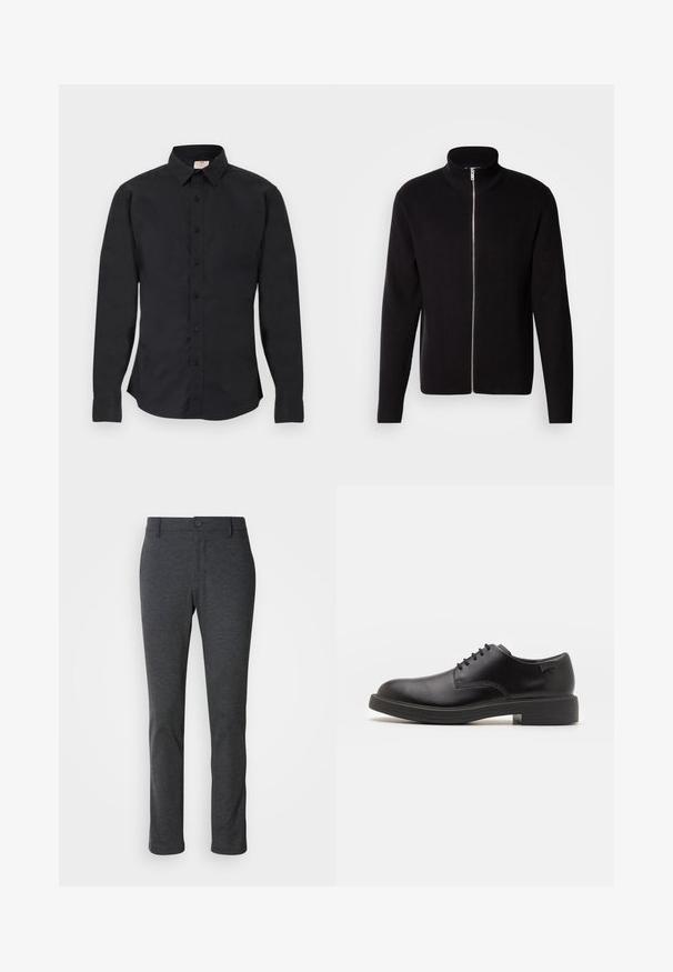 Lindbergh ZIP CARDIGAN - Vest - black; Zwarte blouse met lange mouwen, knoopsluiting, kraag, knoopmanchetten en een klein logo aan de linkerkant van de borst, tentoongesteld op een vlakke ondergrond.; Donkergrijze rechte broek met knoop- en ritssluiting, riemlussen en een gladde stofstructuur.; Zwarte leren veterschoen met een ronde neus, een gladde textuur, minimale stiksels en een lage rubberen hak. Logo op de hak.