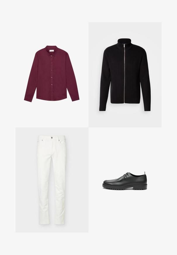 Lindbergh ZIP CARDIGAN - Cardigan - black; Langærmet skjorte i dyb bourgogne, lavet af bomuldsblanding. Har klassisk krave, frontknaplukning og en subtil glans.; Hvide bukser med small fit, frontknap og lynlås, fem lommer og bæltestropper, vist på en ensartet lys baggrund.; Sorte lædersko med en glat overflade, rund tå og dekorativ stikning. Har en gummisål med skridsikre spor og snørebåndsdesign.