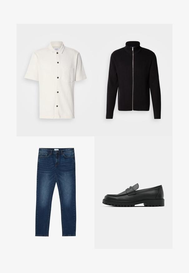 Lindbergh ZIP CARDIGAN - Cardigan - black; Hvid skjorte med korte ærmer og struktureret design, frontknapper i mørkebrun og en enkelt brystlomme.; Mørkeblå slim-fit jeans med falmede detaljer, klassisk fem-lomme design, knappelukning og bæltestropper.; Sorte læder loafers med rund tå, der har et syet design, lav platformssål og en struktureret, skridsikker gummisål.