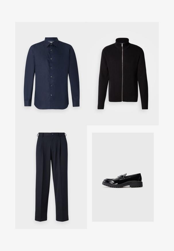 Lindbergh ZIP CARDIGAN - Chaqueta de punto - black; Camisa de manga larga azul marino con cuello abotonado, textura suave y tapeta delantera con botones; presenta un ajuste entallado y dobladillo redondeado.; Pantalones azul marino a medida con cierre delantero de botón y cremallera, trabillas para cinturón y bolsillos laterales, mostrados sobre un fondo blanco.; Mocasines de charol negro con punta redondeada, correa decorativa y suela de goma gruesa con profundas ranuras para mayor tracción.