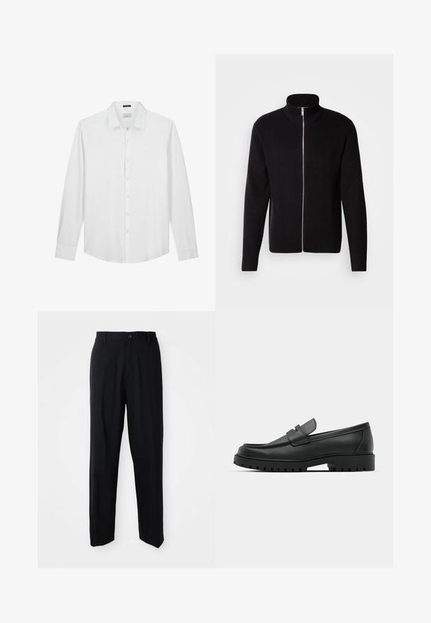 Lindbergh ZIP CARDIGAN - Cardigan - black; Hvid langærmet skjorte, knapned krave, blød tekstur, glat stof, diskret logo på brystet og klassisk pasform med buet kant.; Sorte lige bukser med bæltestropper, knaplukning og et slankt, minimalistisk design på en neutral baggrund.; Sorte læder loafers med rund tå, der har et syet design, lav platformssål og en struktureret, skridsikker gummisål.