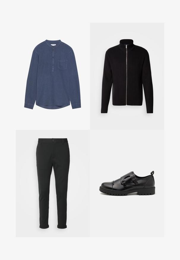Lindbergh ZIP CARDIGAN - Gilet - black; Chemise à manches longues, bleu foncé, en tissu doux, dotée d'un col mandarin, d'une patte de boutonnage et d'une poche poitrine unique.; Pantalons noirs en tissu lisse avec une coupe droite. Présentent une fermeture à bouton unique et des ourlets roulés.; Pier One by Zalando Mocassins de ville - black
