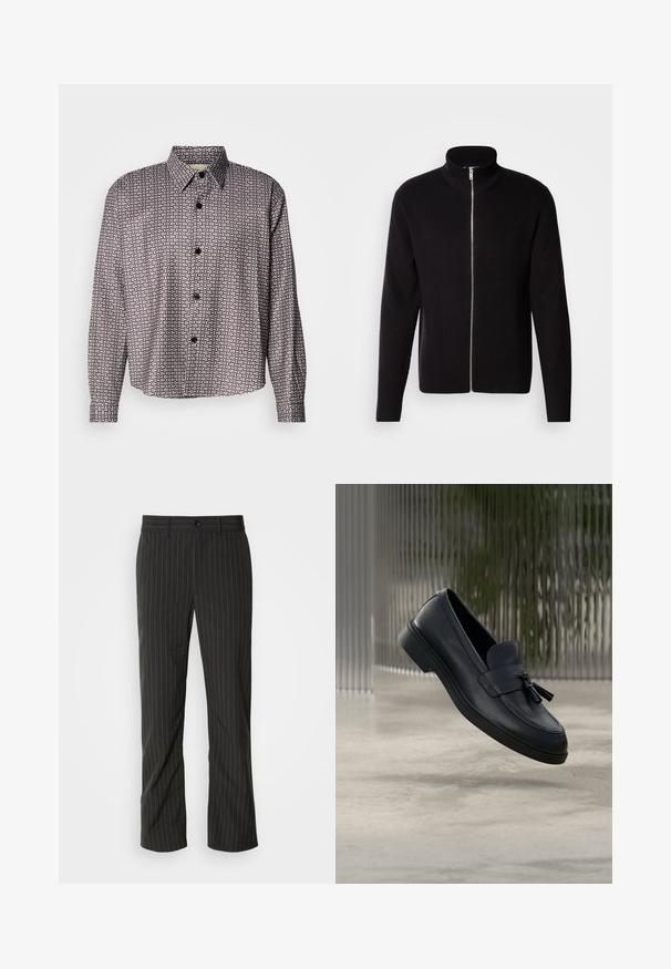 Lindbergh ZIP CARDIGAN - Cardigan - black; Sorte og hvide mønstrede skjorte med lange ærmer, knaplukning fortil, klassisk krave og et subtilt geometrisk design gennem hele skjorten.; Sorte skræddersyede bukser med lige snit. Har en glat tekstur, frontlukning med knap og bæltestropper.; Sorte læderloafers med en glat tekstur, en rundet tå og dekorative kvaster foran. Fleksibel gummisål med lav hæl.