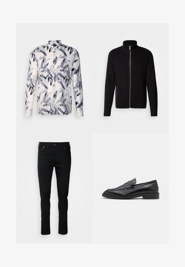 Lindbergh ZIP CARDIGAN - Kardigán - black; Bavlnená košeľa s dlhým rukávom na zapínanie na gombíky, biela s modrým listovým vzorom, s klasickým golierom a zaobleným lemom.; Čierne deninové nohavice so slim fit strihom, s krytým zipsom, pútkami na opasok a prednými vreckami. Hladká textura, minimalizované detaily, klasický dizajn.; Čierne kožené loaferky s hladkým povrchom, s okrúhlou špičkou a úzkym pásom cez vrch. Nízky vrstvený podpätok.