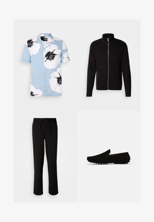 Lindbergh ZIP CARDIGAN - Strickjacke - black; Kurzarm-Hemd aus leichtblauem Stoff mit großen weißen Blumen und schwarzen Akzenten. Mit einem Camp-Kragen und lässiger Passform.; Schwarze Jogginghosen mit einem Kordelzugbund, hergestellt aus weichem, elastischem Material. Sie haben einen lockeren Schnitt mit geraden Beinen und keine sichtbaren Taschen.; Schwarze Wildleder Slipper mit einer leicht erhöhten, strukturierten Außensohle und einer Ziernaht entlang der Kanten, die ein klassisches Schlupfdesign aufweisen.