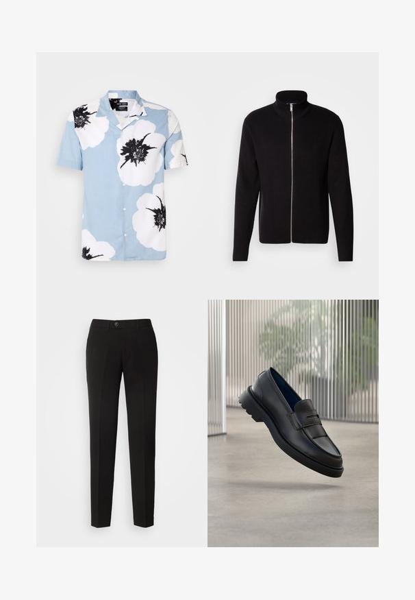 Lindbergh ZIP CARDIGAN - Kardigán - black; Košeľa s krátkym rukávom v svetlo modrej farbe s veľkými bielymi kvetmi a čiernymi akcentmi. Má kempový golier a voľný strih.; Čierne nohavice s rovnými nohavicami vyrobené z hladkej tkaniny, s gombíkovým zapínaním a bočnými vreckami v klasickom dizajne.; Čierne kožené mokasíny s hladkým povrchom, ozdobeným remienkom a textúrovaným panelom vpredu, a textúrovanou gumovou podrážkou.