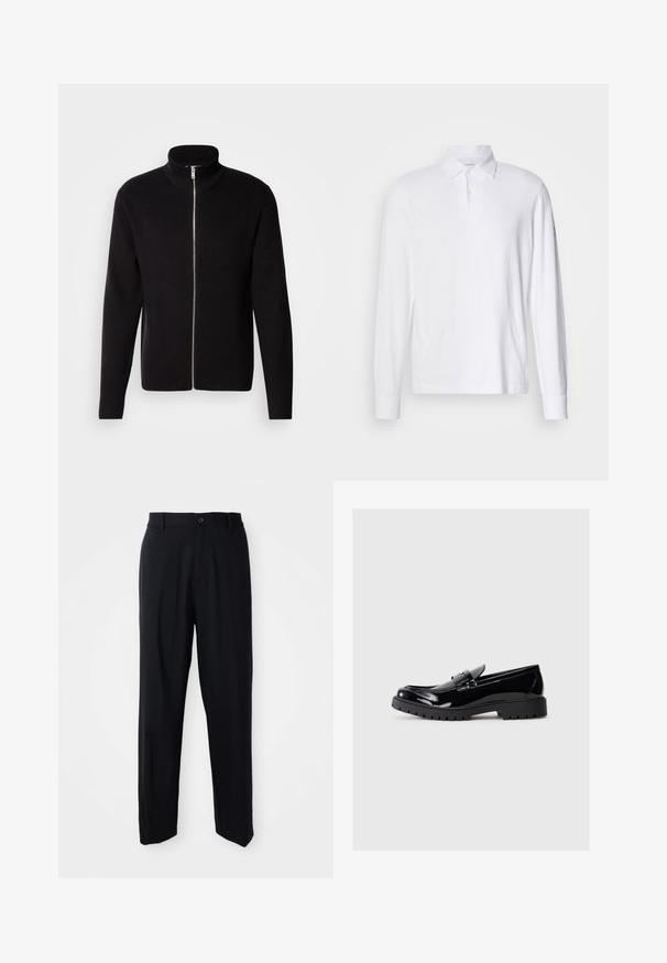 Lindbergh ZIP CARDIGAN - Gilet - black; Chemise polo blanche à manches longues, avec col et deux boutons, présentée sur un fond gris clair.; Pantalon noir à jambes droites avec passants de ceinture, fermeture à bouton et un design épuré et minimal sur un fond neutre.; Mocassins en cuir verni noir avec un bout arrondi, une sangle décorative et une semelle en caoutchouc épaisse avec des reliefs profonds pour l'adhérence.