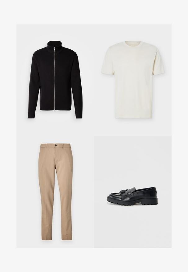 Lindbergh ZIP CARDIGAN - Kardigán - black; Jednoduché krémovo-biele tričko s krátkym rukávom a okrúhlym výstrihom, s jemným logom na ľavej strane hrude, zobrazené na plochom bielom pozadí.; Béžové krajčírsky strihané nohavice vyrobené z hladkej tkaniny, s gombíkovým zapínaním, pútkami na opasok a úzkym strihom so širokými nohavicami.; Čierne kožené loafers s lesklým povrchom, robustnou gumovou podrážkou a ozdobným detailom v podobe strapca na prednej strane.