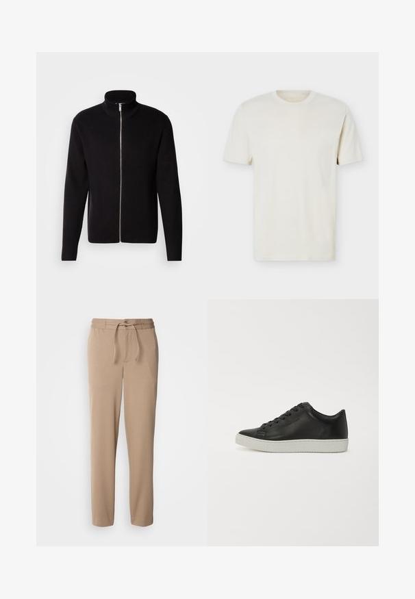 Lindbergh ZIP CARDIGAN - Strickjacke - black; Schlichtes, cremefarbenes T-Shirt mit kurzen Ärmeln und Rundhalsausschnitt, mit dezentem Logo auf der linken Brust, auf weißem Hintergrund liegend präsentiert.; Beige Sweatpants aus weichem Baumwollmaterial, mit elastischem Bund, Kordelzug, slim fit und geraden Beinen ohne Muster.; Schwarze Leder-Sneaker mit runder Spitze, flacher weißer Gummisohle und einer Schnürung mit sechs Ösen. Glatte Textur, minimalistischer Stil.