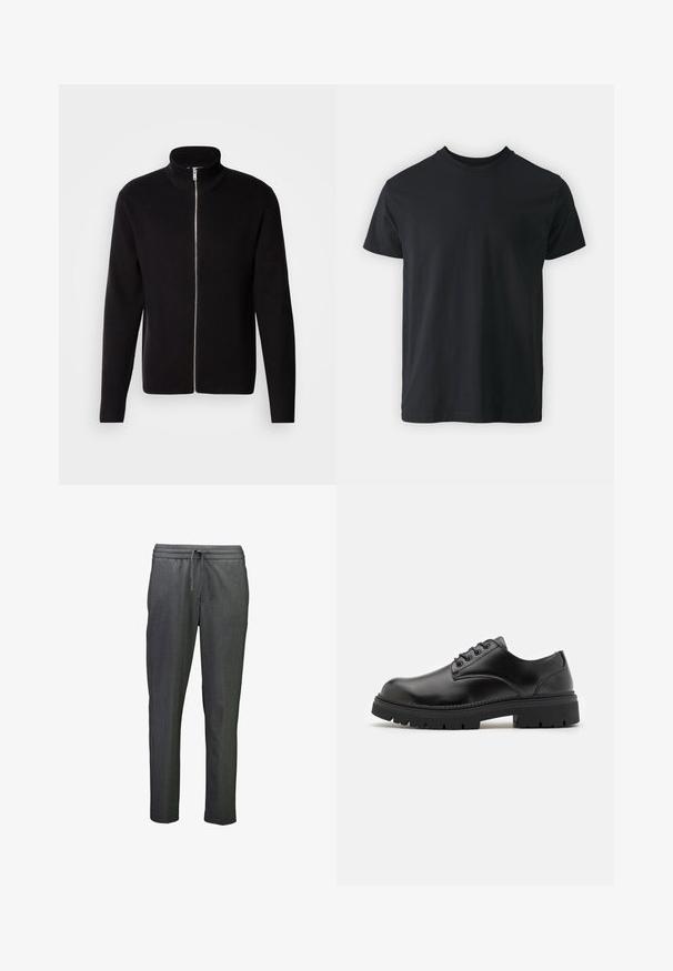 Lindbergh ZIP CARDIGAN - Strickjacke - black; Schwarzes Baumwoll-T-Shirt mit kurzen Ärmeln, Rundhalsausschnitt und lässiger Passform. Glatte Textur und gerader Saum, keine sichtbaren Grafiken oder Muster.; Graue Leggings mit schmalem Schnitt, ausgestattet mit einem elastischen Bund und einer Kordel zur Anpassung des Tragekomforts. Glatte Textur, minimales Design.; Schwarze Lederschuhe mit runder Zehenform, Schnürdesign und einer dicken, strukturierten Gummisohle. Sie verfügen über eine Naht entlang des Randes und haben eine glatte Oberfläche.
