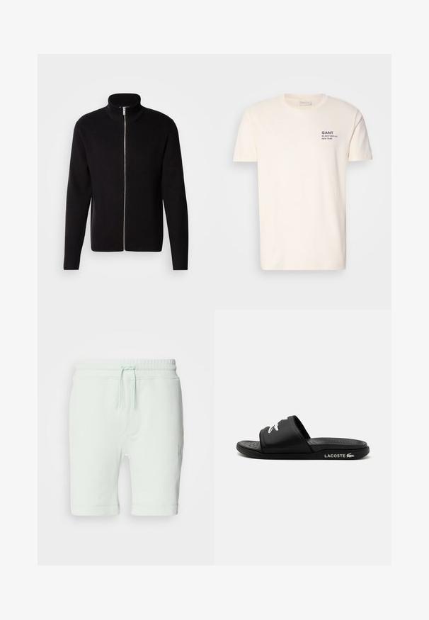 Lindbergh ZIP CARDIGAN - Cardigan - black; Cremefarvet bomulds T-shirt med rund hals, korte ærmer og et lille marineblåt tryk på brystet med teksten "GANT 32 EAST 39TH ST. NEW YORK."; Lys mintgrønne bomuldsshorts med elastisk talje, justerbar snøre, sidelommer og logo-detalje på højre ben.; Sorte slide-sandaler lavet af gummi, med en struktureret sål, to brede remme og et hvidt Lacoste-logo på siden.