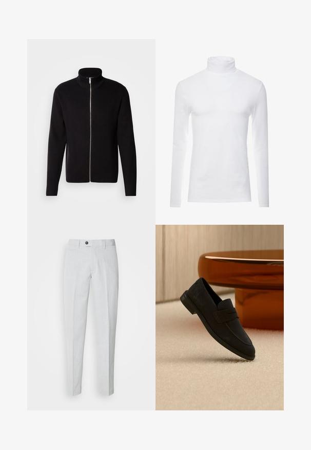 Lindbergh ZIP CARDIGAN - Cardigan - black; Hvid langærmet turtleneck skjorte lavet af blødt, strækbart materiale. Har en høj krave og et tætsiddende design, som giver en strømlinet silhuet.; Lys grå bukser lavet af tekstureret stof, med knaplukning, flad front og smalle ben for en strømlinet pasform.; Sort ruskindslipper svæver over beige tæppe med et skinnende rundt bord i ravfarve i baggrunden.