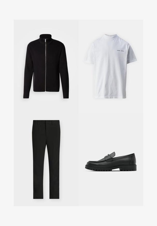 Lindbergh ZIP CARDIGAN - Strickjacke - black; Weißes Baumwoll-T-Shirt mit hohem Ausschnitt und kurzen Ärmeln. Mit schwarzem "SAMSØE SAMSØE" Logo auf der Vorderseite. Glatte Textur.; Schwarze Slim-Fit-Hose mit Gürtelschlaufen, Frontreißverschluss und flacher Vorderseite, dargestellt auf hellem grauem Hintergrund.; Schwarze Lederloafer mit runder Zehenform, ausgestattet mit einem gesteppten Design, niedrigem Plattformsohle und einer strukturierten, genoppten Gummisohle.