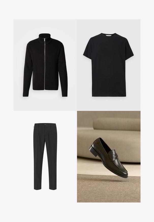 Lindbergh ZIP CARDIGAN - Cardigan - black; Sort kortærmet t-shirt lavet af blødt bomuldsstof. Rund halsudskæring med en afslappet pasform, der har rene, enkle linjer og ingen synlige mønstre.; Sorte skræddersyede bukser med et elegant design, der har frontfolder, lige ben og en glat tekstur. Minimalt hardware og ingen synlige mønstre.; Sort lædersko med slip-on design, svævende over beige tæppe med beige sofa i baggrunden, der fremhæver klassisk herrestil.