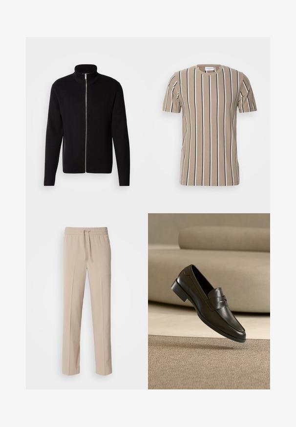 Lindbergh ZIP CARDIGAN - Cardigan - black; Beige bomulds t-shirt med horisontale striber i mørkebrun og hvid, rund hals og korte ærmer. Blød tekstur og afslappet design.; Beige, afslappede bukser lavet af blødt materiale, med elastisk talje og snøre samt lige ben med minimale detaljer.; Sort lædersko med slip-on design, svævende over beige tæppe med beige sofa i baggrunden, der fremhæver klassisk herrestil.