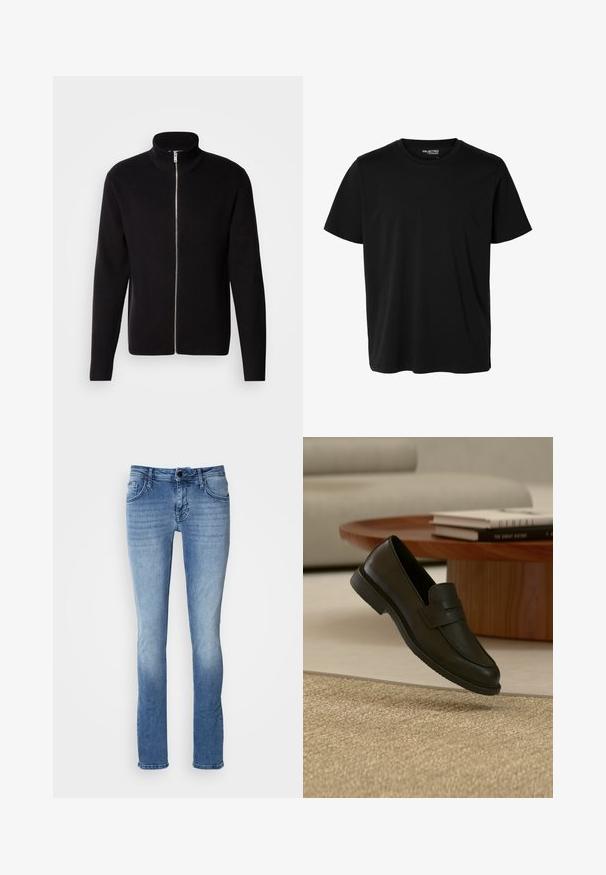 Lindbergh ZIP CARDIGAN - Strickjacke - black; Schlichtes schwarzes T-Shirt mit kurzen Ärmeln und Rundhalsausschnitt in Herrenform, ohne sichtbare Muster oder Logos auf der Vorderseite.; Helle blaue Denim-Jeans mit einem klassischen Fünf-Taschen-Design, geradem Bein und subtilen Ausbleichungen. Hergestellt aus weichem, strapazierfähigem Stoff.; Schwarzer Lederloafer-Schuh schwebt über einem beige gewebten Teppich, mit einem Holztisch und gestapelten Büchern in einem sanft beleuchteten Wohnzimmer.