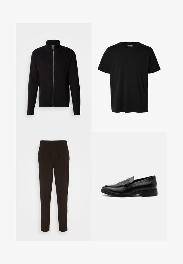 Lindbergh ZIP CARDIGAN - Strickjacke - black; Schlichtes schwarzes T-Shirt mit kurzen Ärmeln und Rundhalsausschnitt in Herrenform, ohne sichtbare Muster oder Logos auf der Vorderseite.; Schwarze, lange, schmal zulaufende Hose aus einem weichen, glatten Material. Mit einem elastischen Bund und einem Kordelzug für eine verstellbare Passform.; Schwarzer Leder-Herrenloafer mit Quasten-Detail, abgerundeter Spitze, niedrigem Absatz und glatter, polierter Oberfläche, von der Seite auf weißem Hintergrund dargestellt.