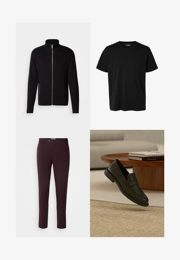 Lindbergh ZIP CARDIGAN - Chaqueta de punto - black; Camiseta negra lisa de manga corta y cuello redondo con corte de hombre, sin patrones ni logotipos visibles en el delantero.; Pantalones burdeos oscuros de corte slim, con cierre de botón, trabillas para cinturón y pliegues frontales. Tela suave con un diseño elegante.; Zapato mocasín de cuero negro mostrado en el aire sobre una alfombra beige tejida, con una mesa de madera y libros apilados en una sala de estar con luz suave.