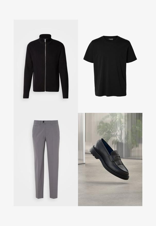 Lindbergh ZIP CARDIGAN - Kardigan - black; Lihtne musta värvi lühikeste varrukatega ümara kaelusega meeste lõikega t-särk, esiküljel nähtavate mustrite või logodeta.; Halljad kohandatud püksid, millel on sujuv tekstuur, sirge jala disain, ühe nööbi sulgemine ja eesmine taskud. Ei mingeid nähtavaid mustreid ega aktsente.; Mustad nahast mokassiinid, sileda viimistlusega, kaunistava rihma ja esiküljel tekstureeritud paneeliga ning tekstureeritud kummist tallaga.