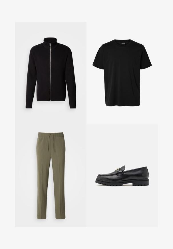 Lindbergh ZIP CARDIGAN - Chaqueta de punto - black; Camiseta negra lisa de manga corta y cuello redondo con corte de hombre, sin patrones ni logotipos visibles en el delantero.; Pantalones de color verde oliva, ligeros, con cintura elástica y cordón ajustable; diseño de pierna recta y textura suave.; Mocasines de cuero negro con un acabado suave, punta redonda, una tira decorativa con herraje dorado y una suela negra robusta.